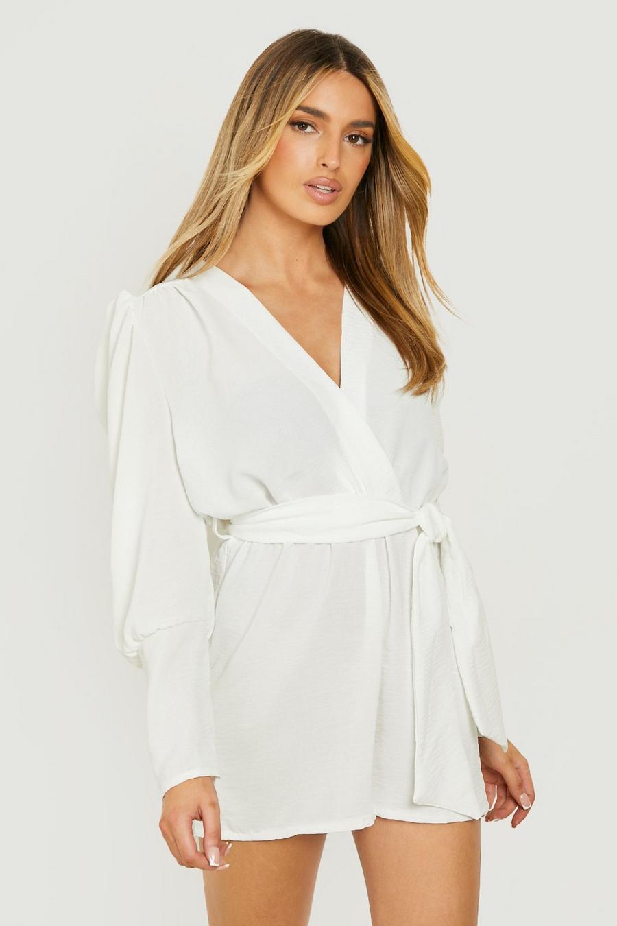 Ivory white Puff Sleeve Belted Woven Romper