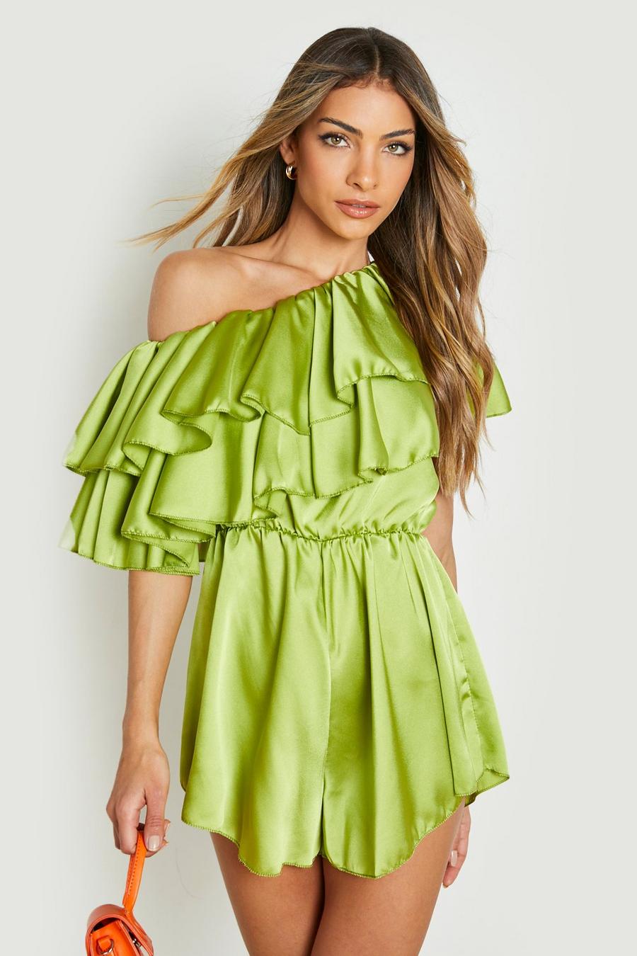 Chartreuse gul Satin One Shoulder Frill Playsuit