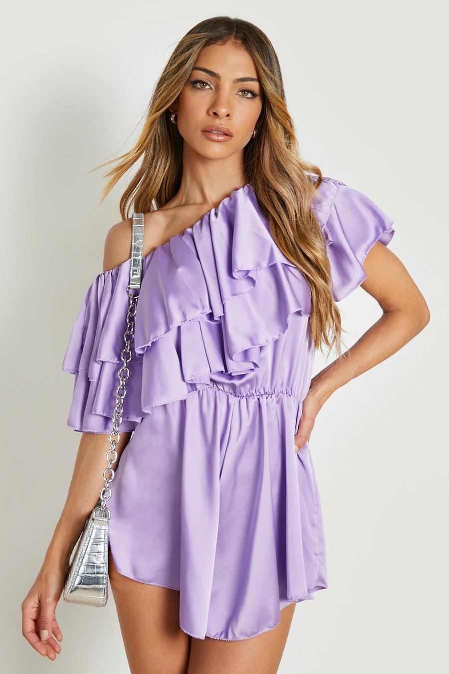 Lilac purple Satin One Shoulder Frill Playsuit