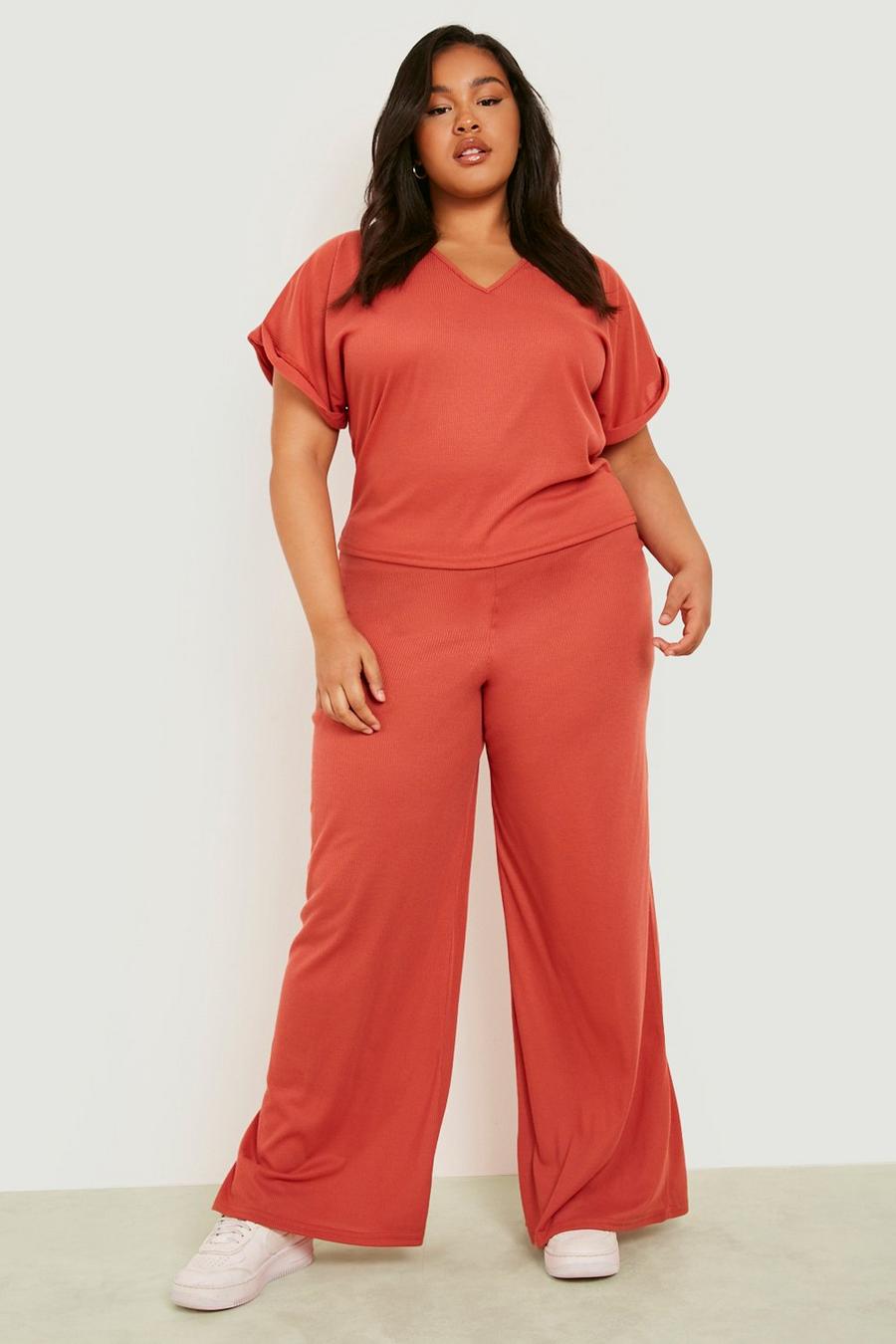 Rust Plus Rib V Neck And Wide Leg Trouser Co-ord image number 1