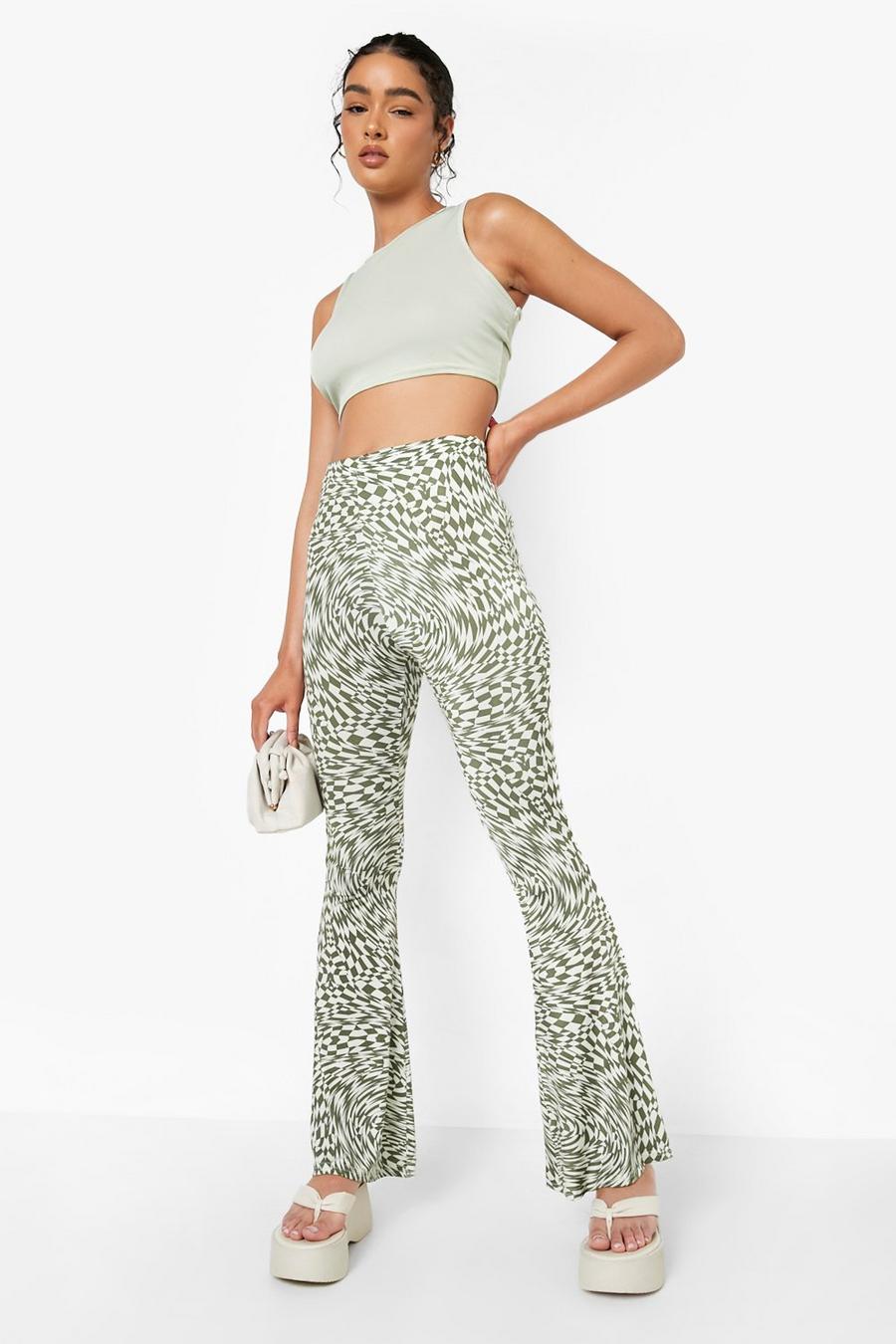 Sage green Swirl Checkerboard Print Slinky Flare Trouser image number 1