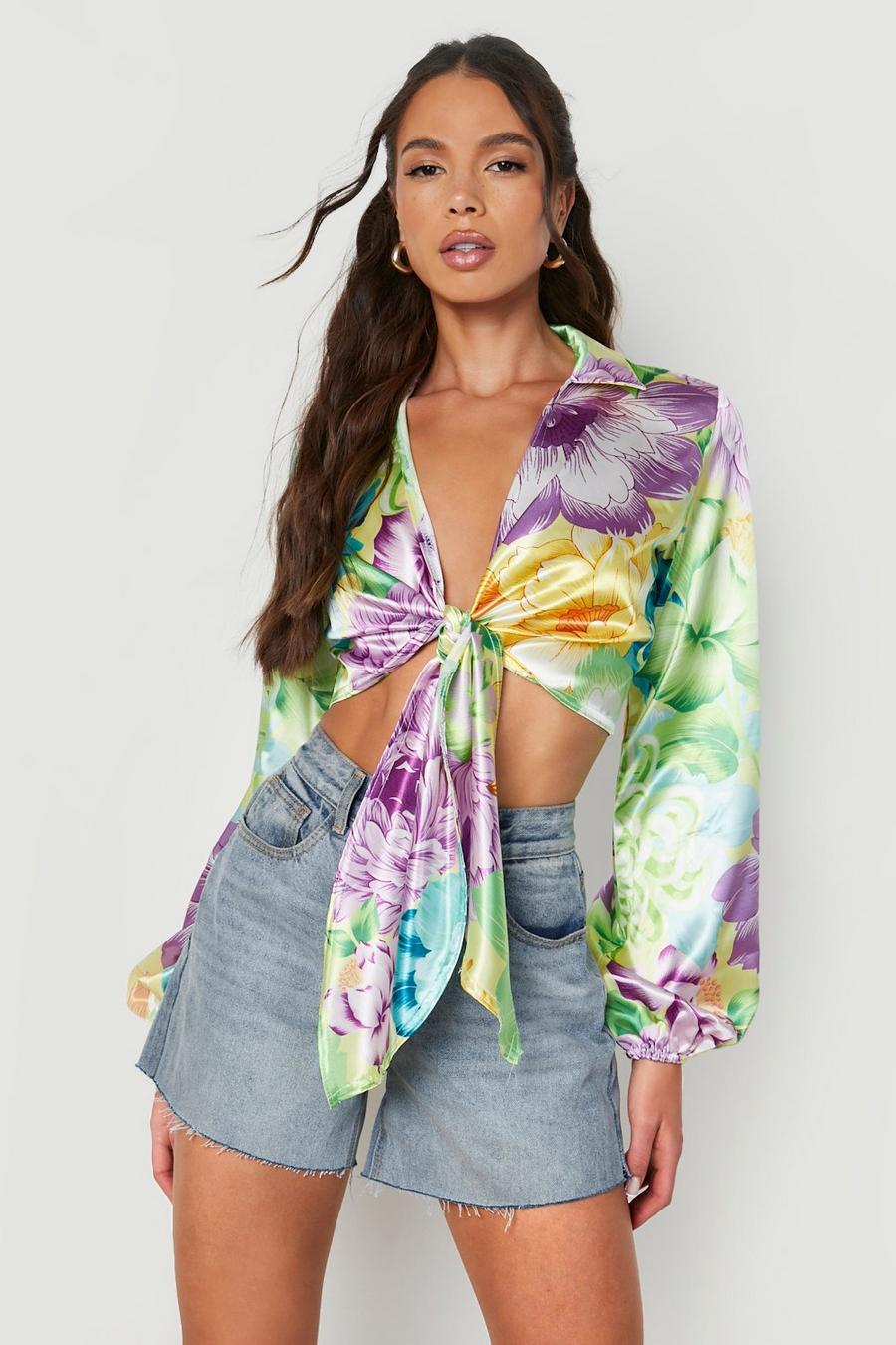 Yellow gul Floral Satin Tie Front Shirt