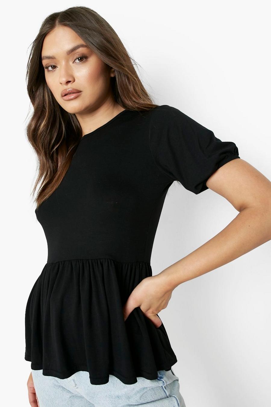 Black Puff Sleeve Jersey Knit Smock Top image number 1