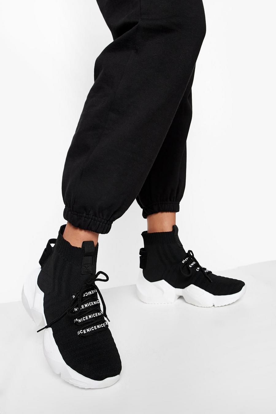 Sneaker a calza in maglia con lacci, Black negro