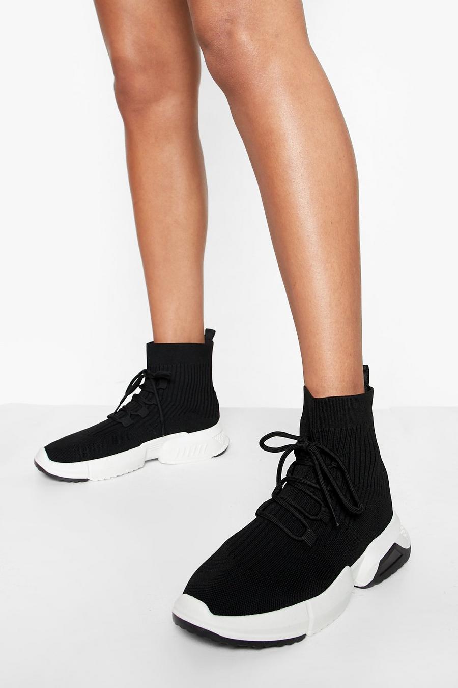 Black schwarz Lace Up Knitted Sports Trainers