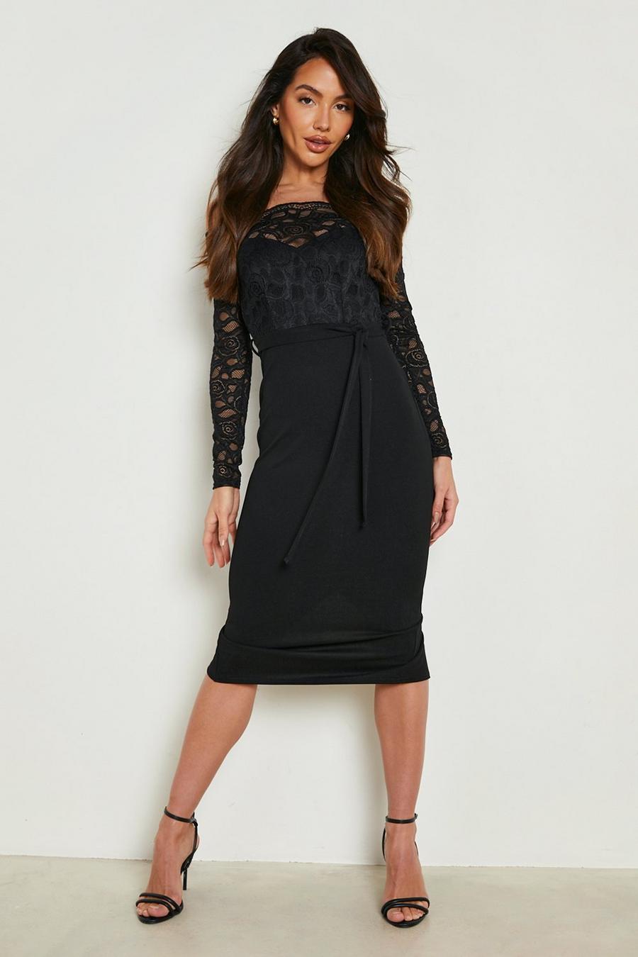 Black Lace Off The Shoulder Bodycon Midi Dress image number 1