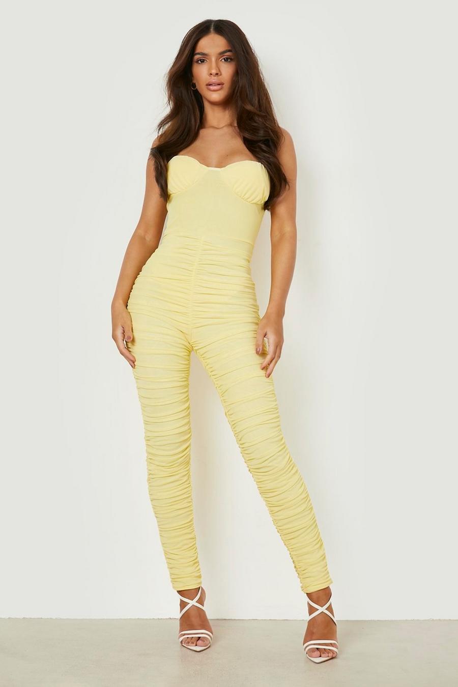 Chartreuse yellow Mesh Ruched Detail Bandeau Jumpsuit