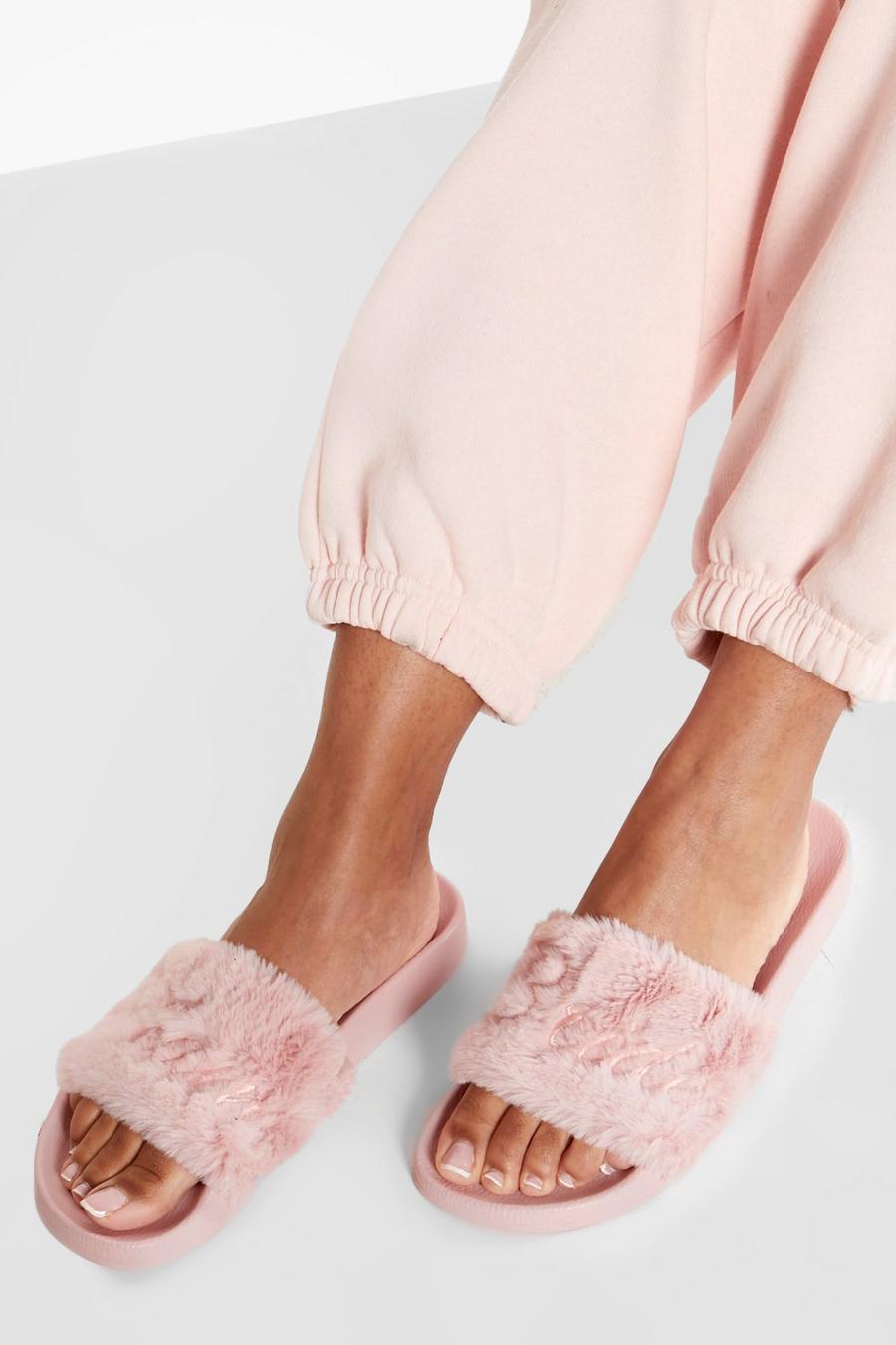 Pink Faux Fur Team Bride Slippers image number 1