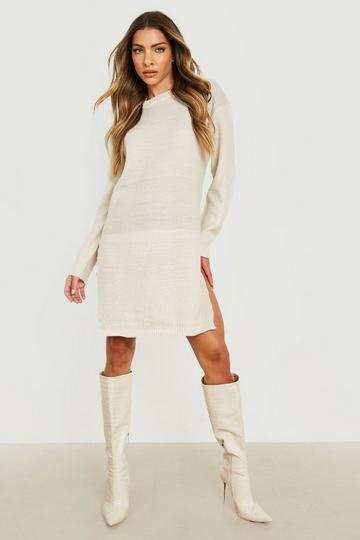 Stone Beige Side Split Moss Stitch Sweater Dress