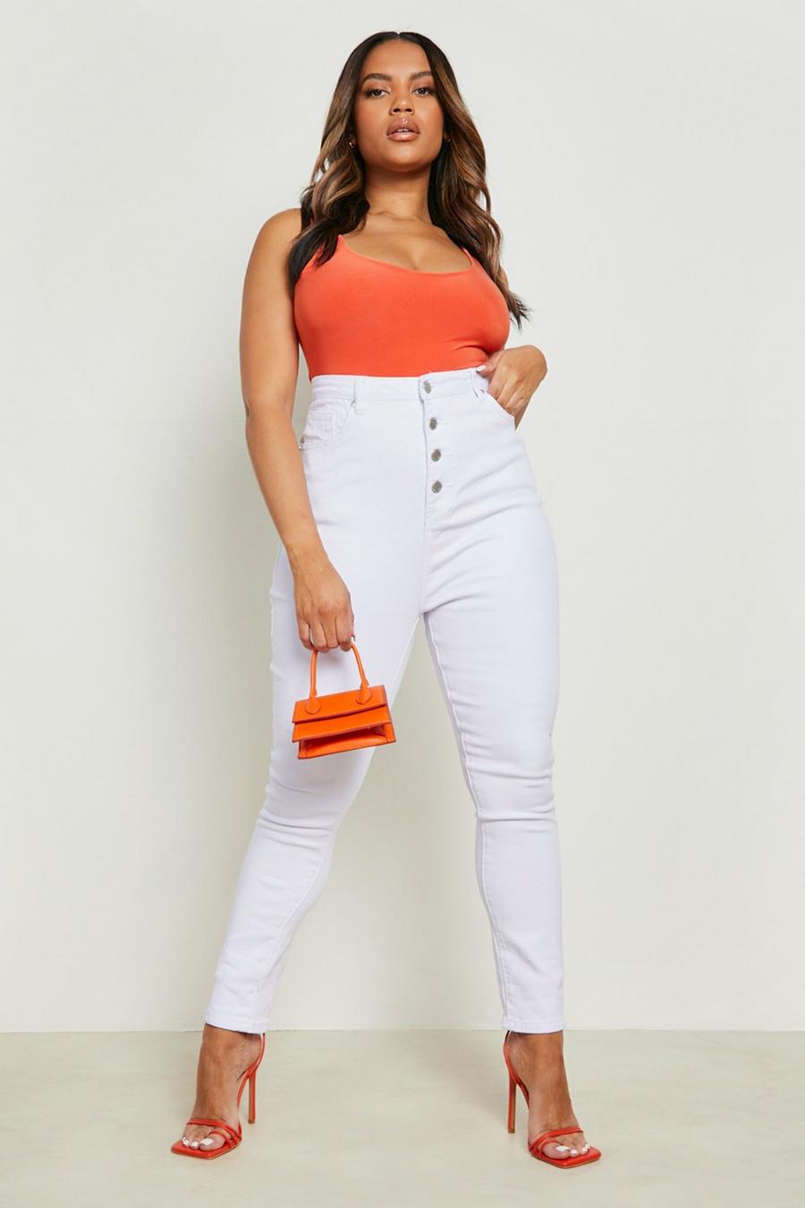 White Plus Button Front High Waist Skinny Jeans image number 1