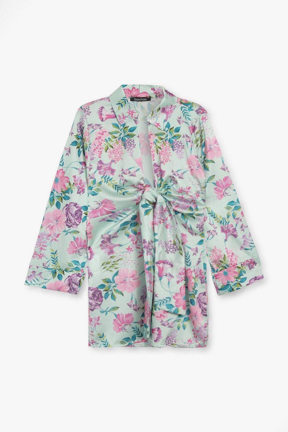 Floral Satin Drape Shirt Dress