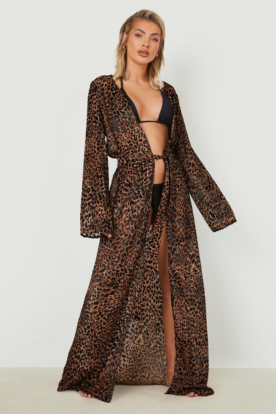 Kimono maxi da mare in dévoré semi-trasparente leopardato con cintura, Leopard image number 1