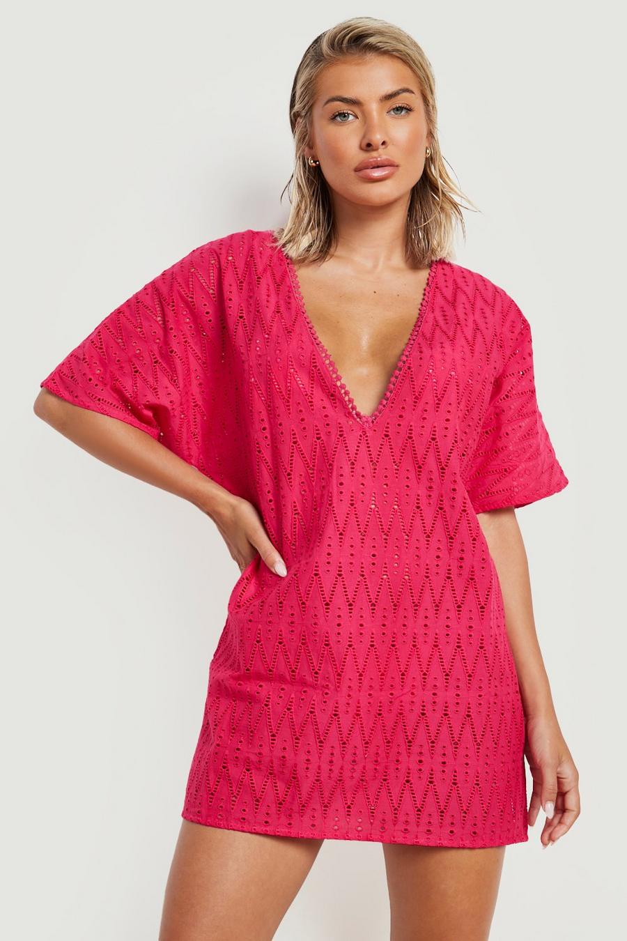Vestido para la playa recto escotado de bordado inglés en zigzag, Pink rosa image number 1