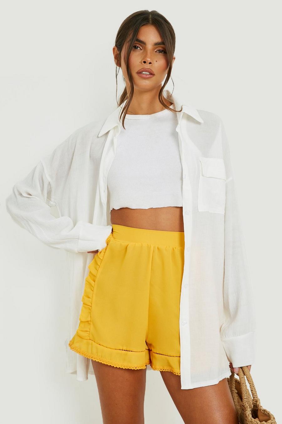 Mustard Frill Detail Flowy Shorts image number 1