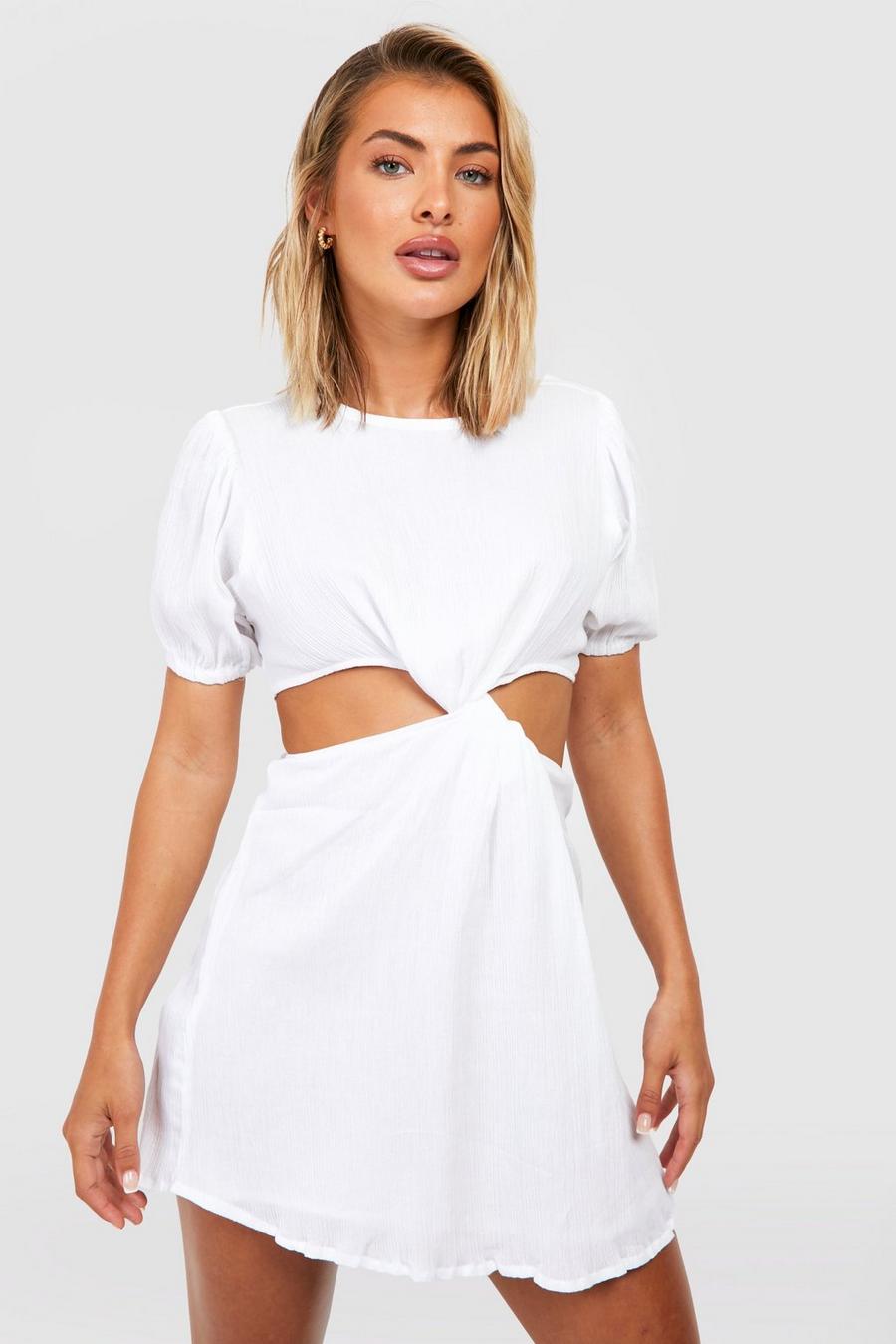 לבן bianco שמלת חוף מיני מבד כותנה אוורירי עם חיתוך צולב image number 1