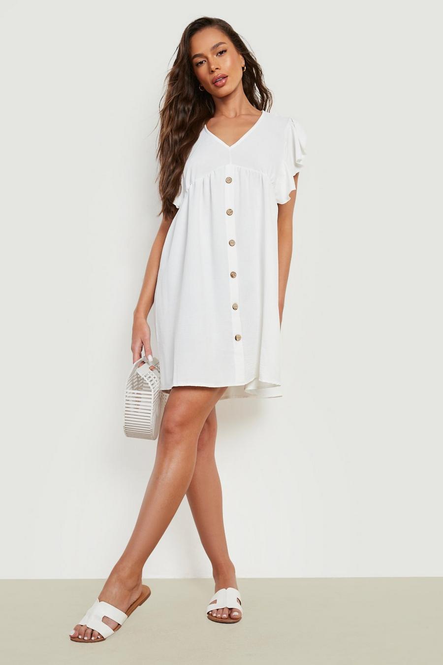 White Linen Pocked Detail Mini Shirt Dress