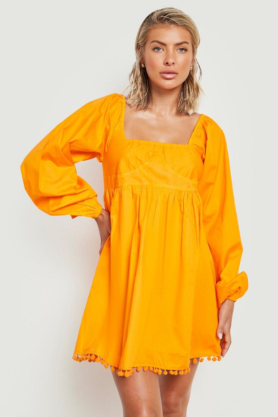 Vestido de algodón para la playa con pompones y escote cuadrado, Orange arancio image number 1