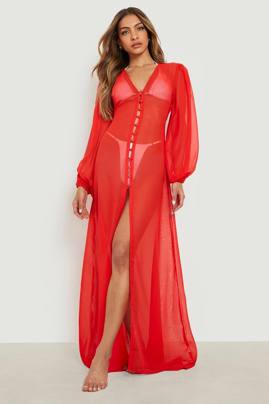 אדום rosso שמלת חוף מבד שיפון עם כפתורים ושרוולי בלון