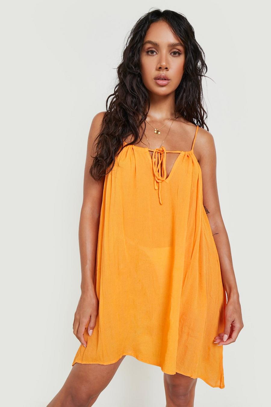 Orange Cheesecloth Strappy Tie Front Beach Dress image number 1