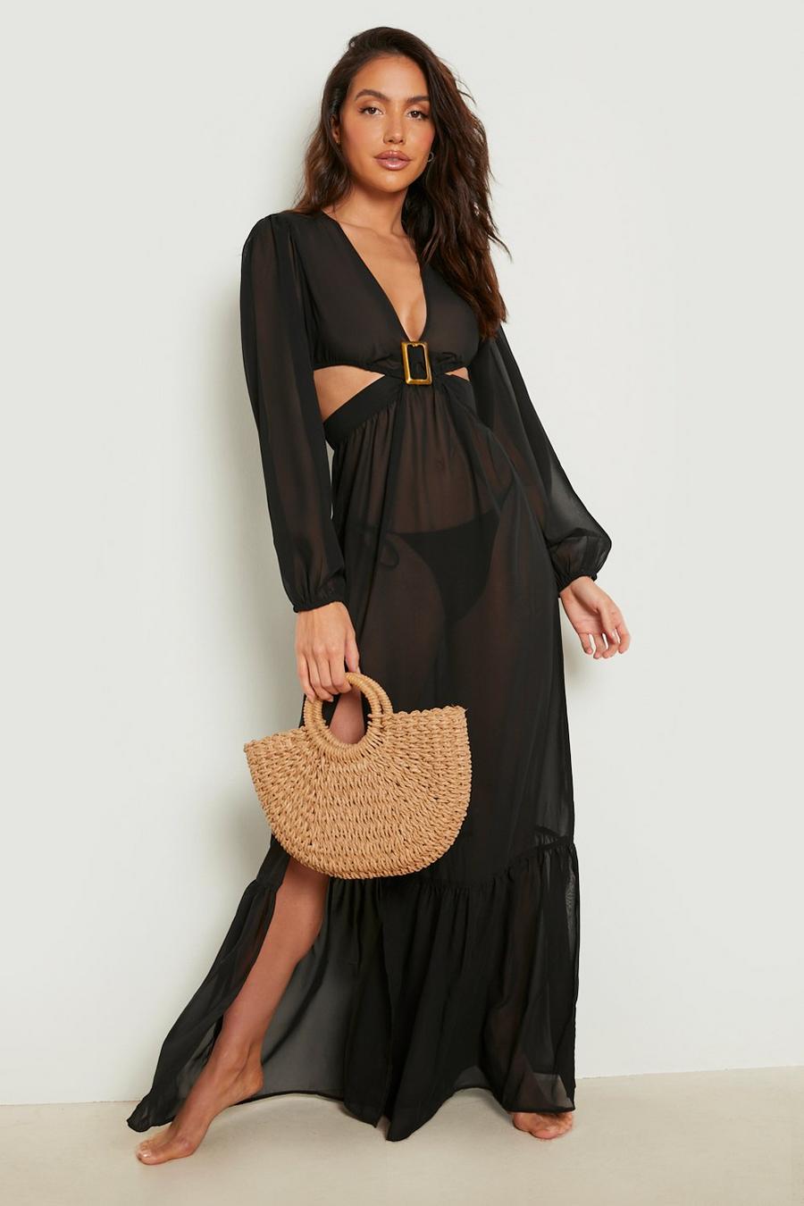 שחור black שמלת חוף מבד שיפון עם שרוולי בלון ועיטור