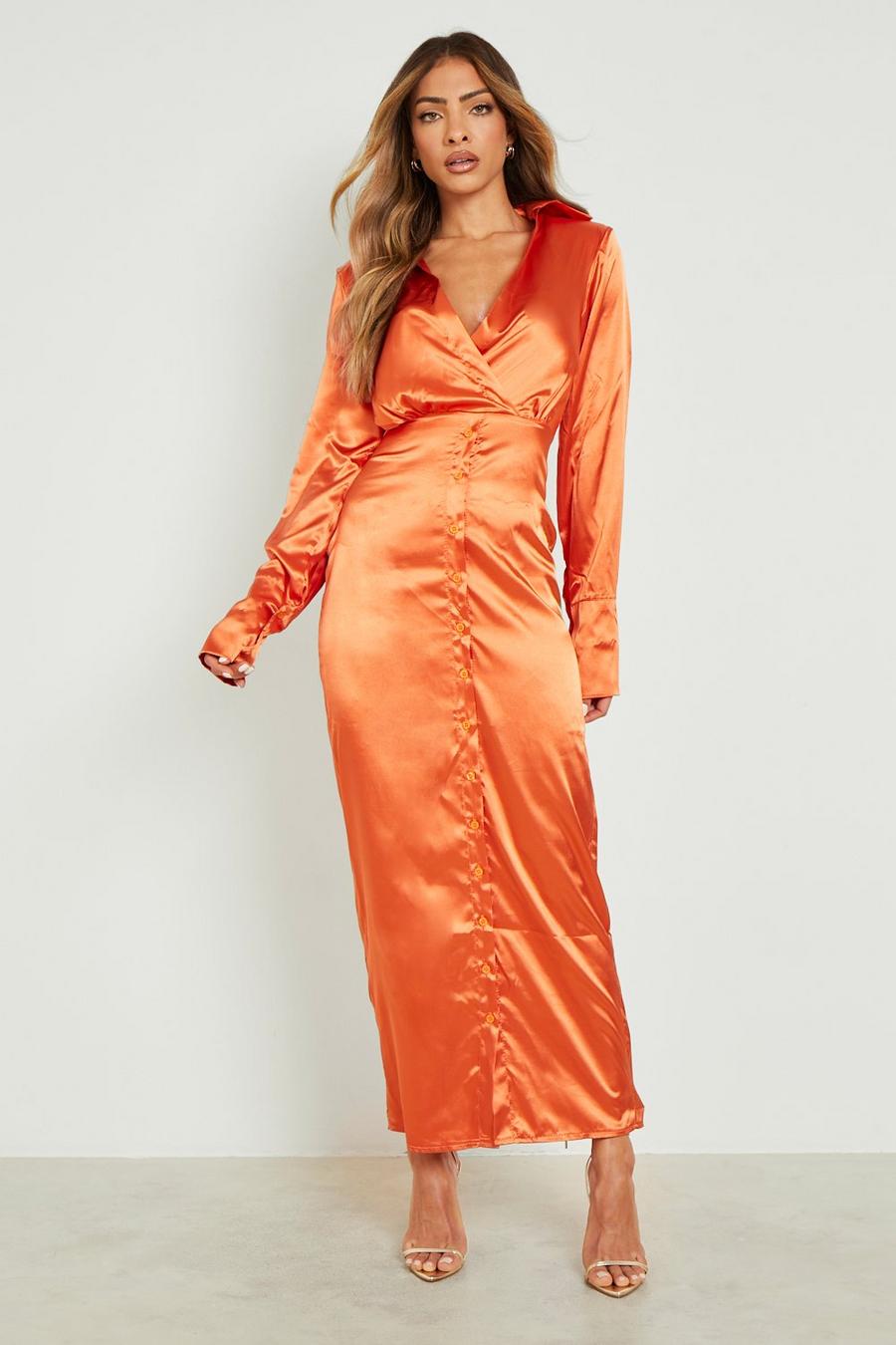Orange Satin Wrap Maxi Shirt Dress image number 1
