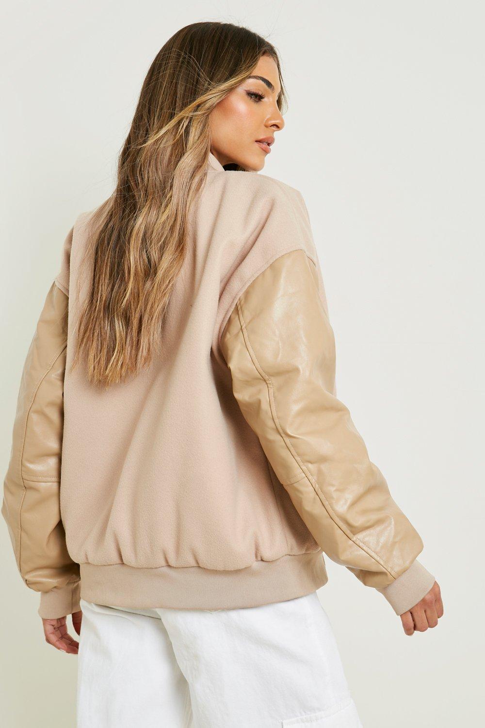 Beige crop varsity jacket with PU sleeves