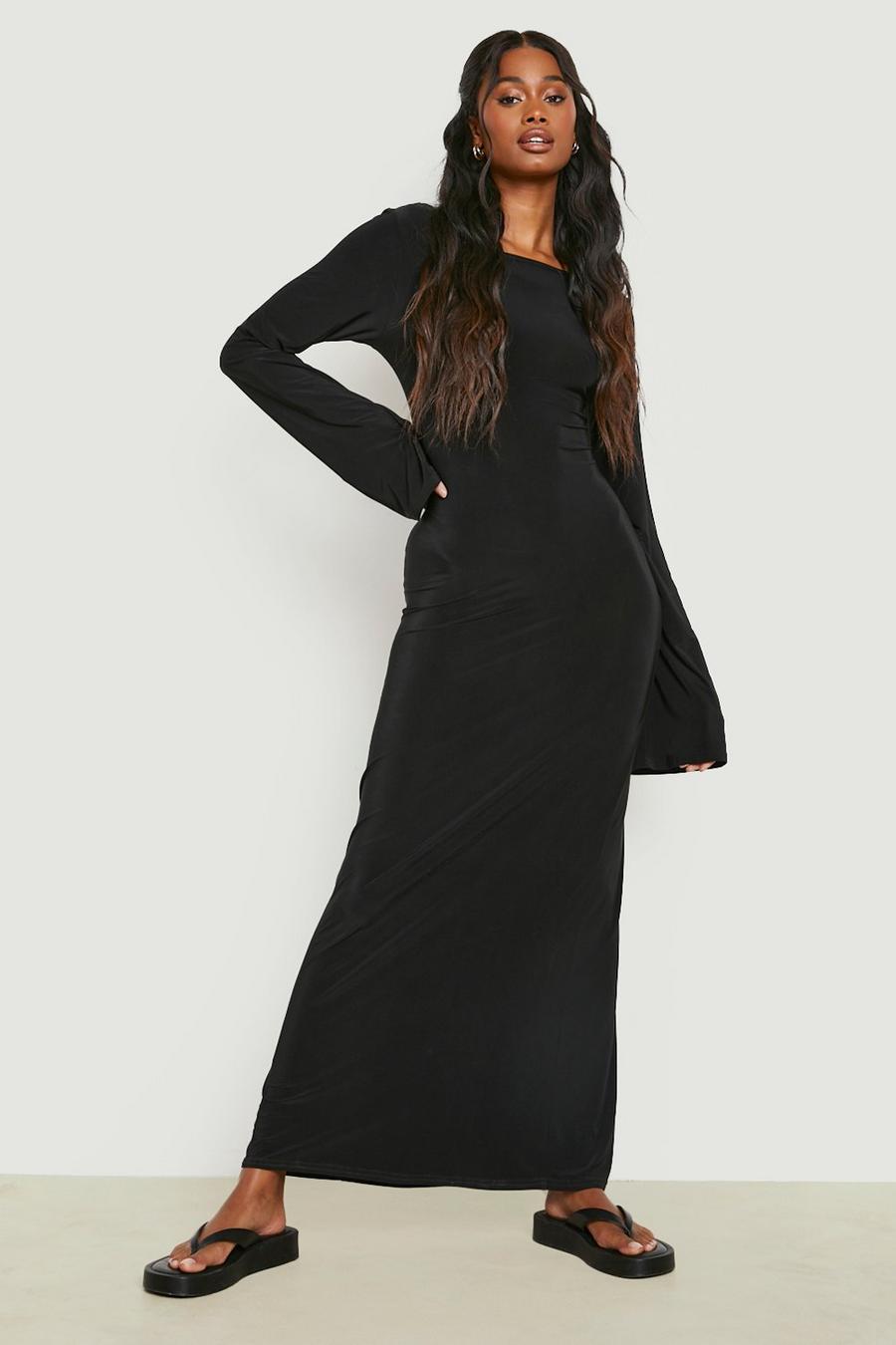 Black שמלת מקסי מבד רך עבה עם גב נמוך image number 1