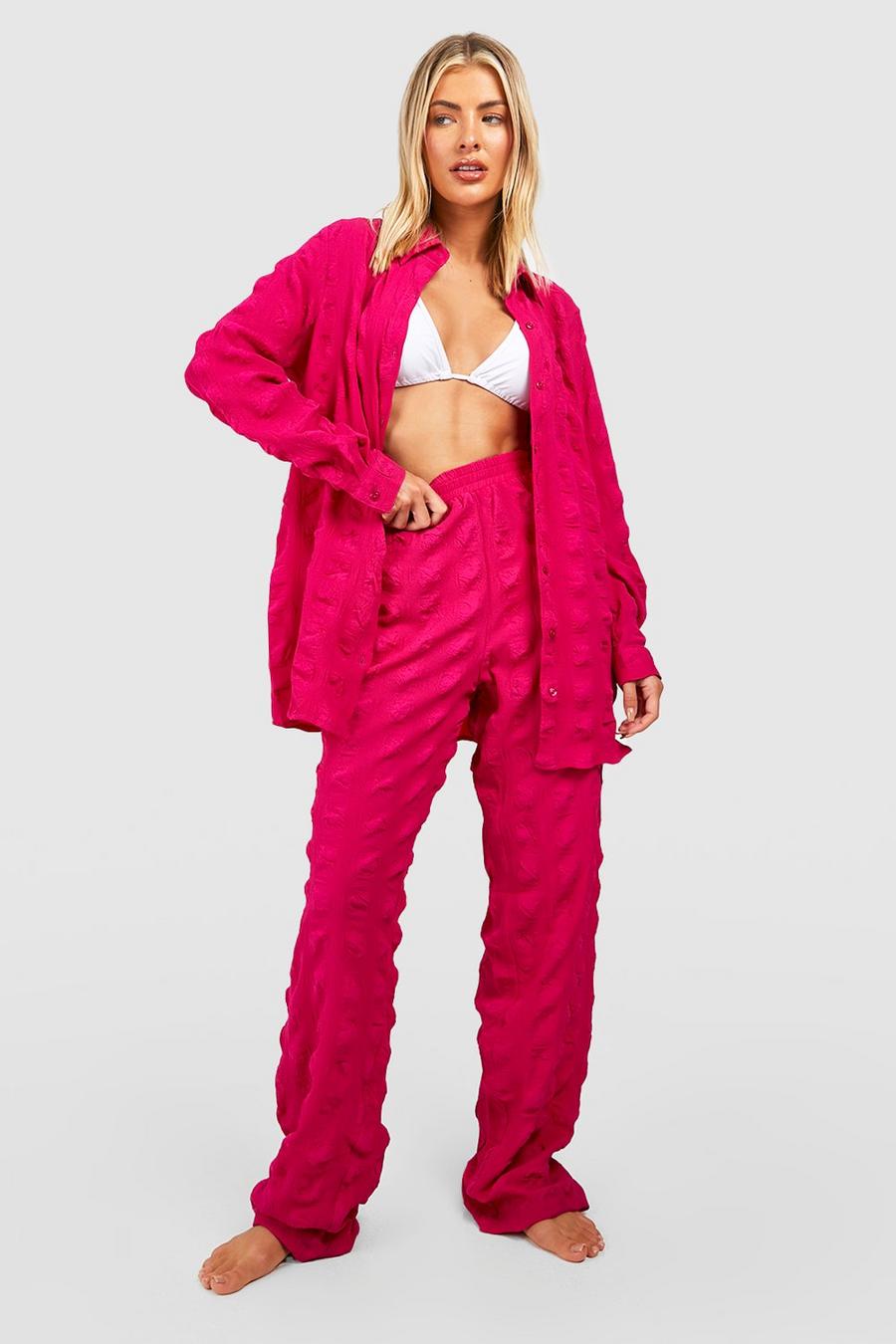 Pink Textured Crinkle Beach Trousers image number 1