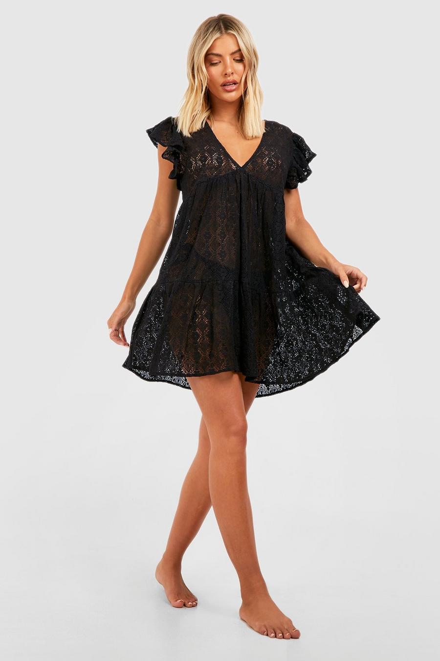 Black svart Lace Ruffle Plunge Beach Mini Dress