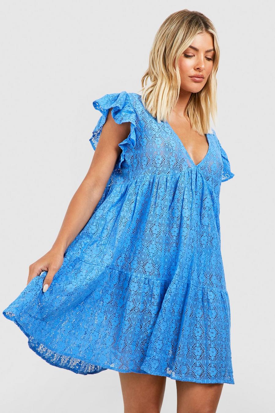 Blue Lace Ruffle Plunge Beach Mini Dress