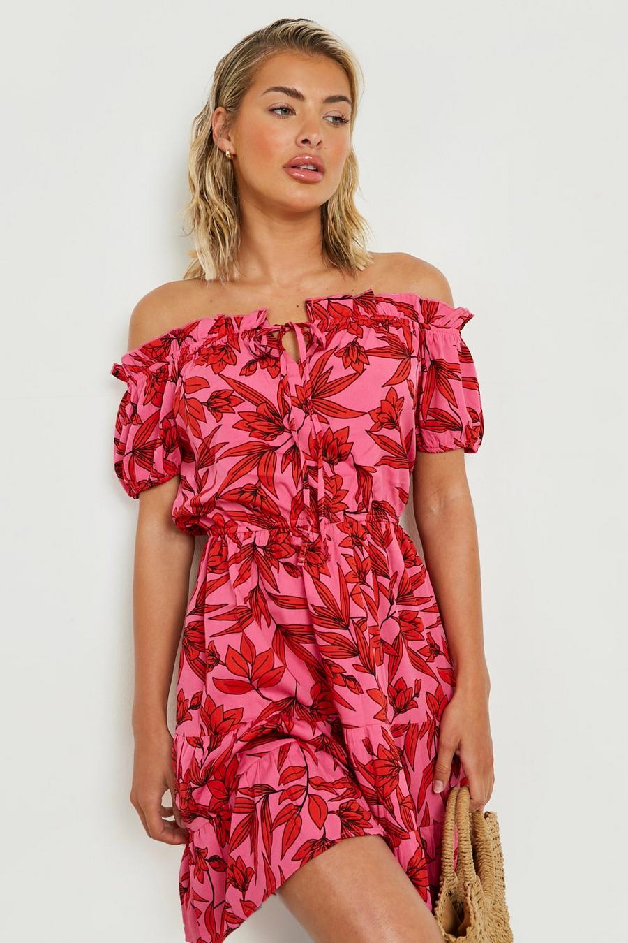 Pink Tropical Bardot Maxi Beach Dress image number 1