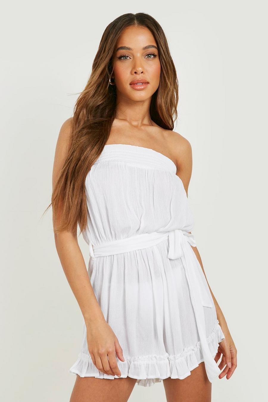 White Cheesecloth Bandeau Ruffle Beach Playsuit  image number 1