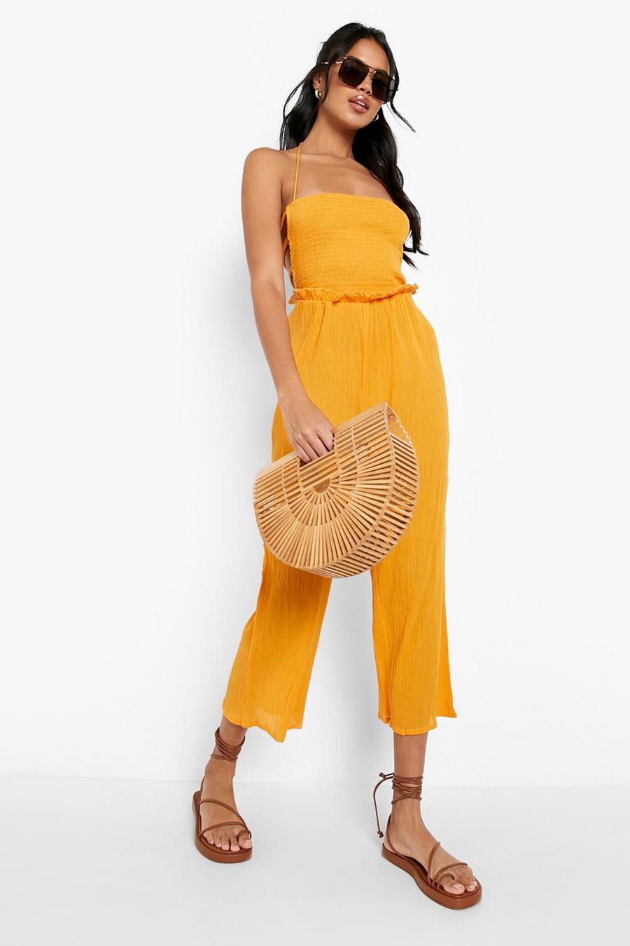 Saffron yellow Cheesecloth Shirred Culotte Jumpsuit