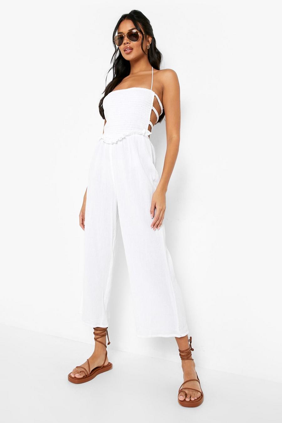 White Cheesecloth Shirred Culotte Jumpsuit image number 1