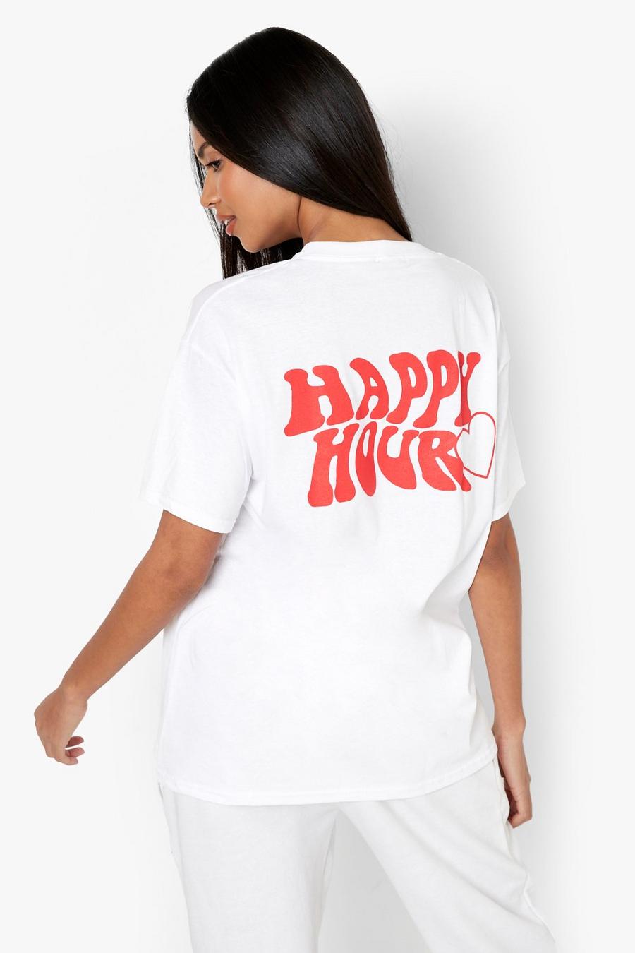 T-shirt oversize con stampa Happy Hour, White bianco