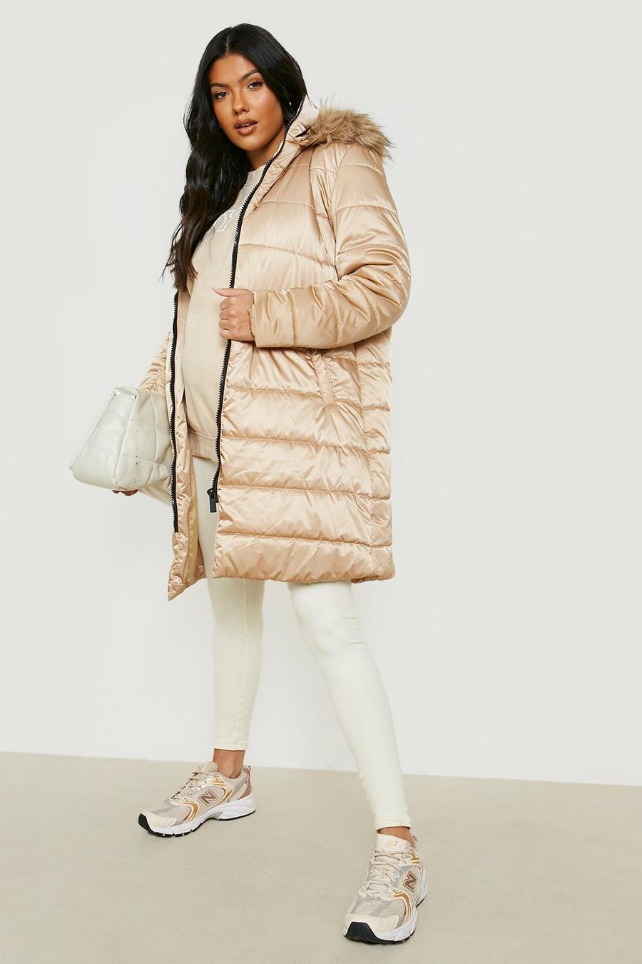 Stone beis Maternity Padded Faux Fur Trim Coat
