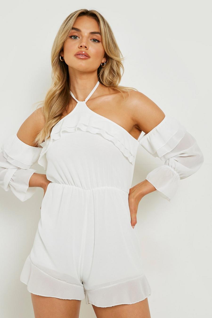White Chiffon Frill Cold Shoulder Playsuit image number 1