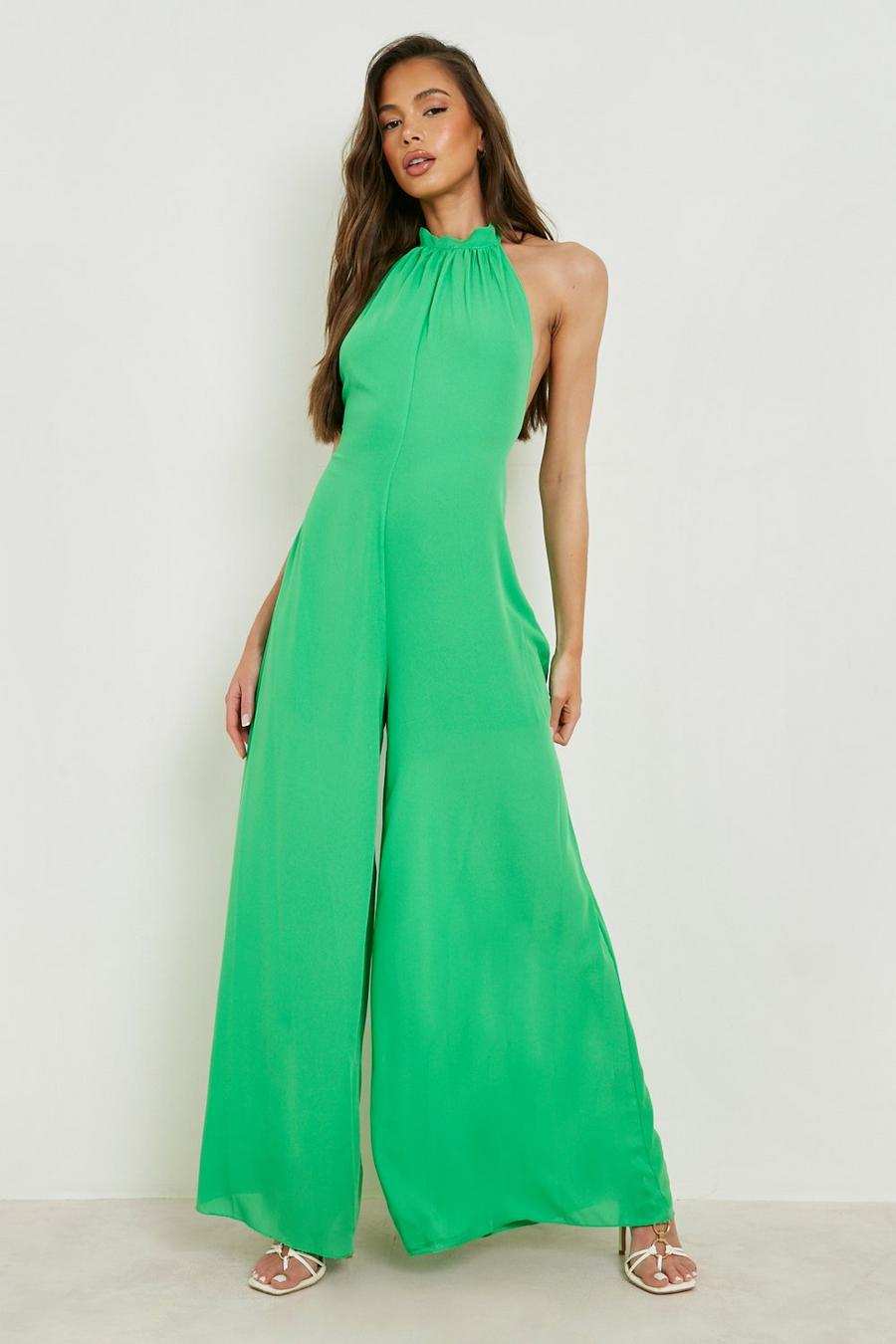Bright green Halter Chiffon Wide Leg Trapeze Jumpsuit image number 1