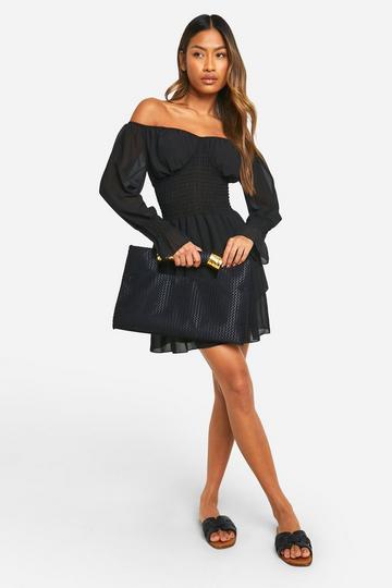 Black Chiffon Shirred Off The Shoulder Mini Dress