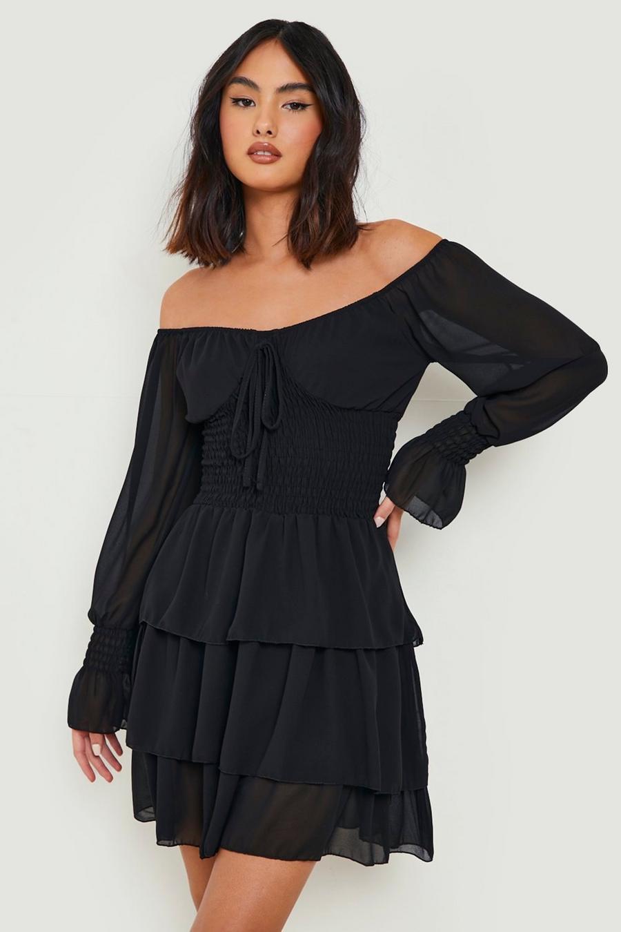Black Chiffon Shirred Bardot Mini Dress image number 1