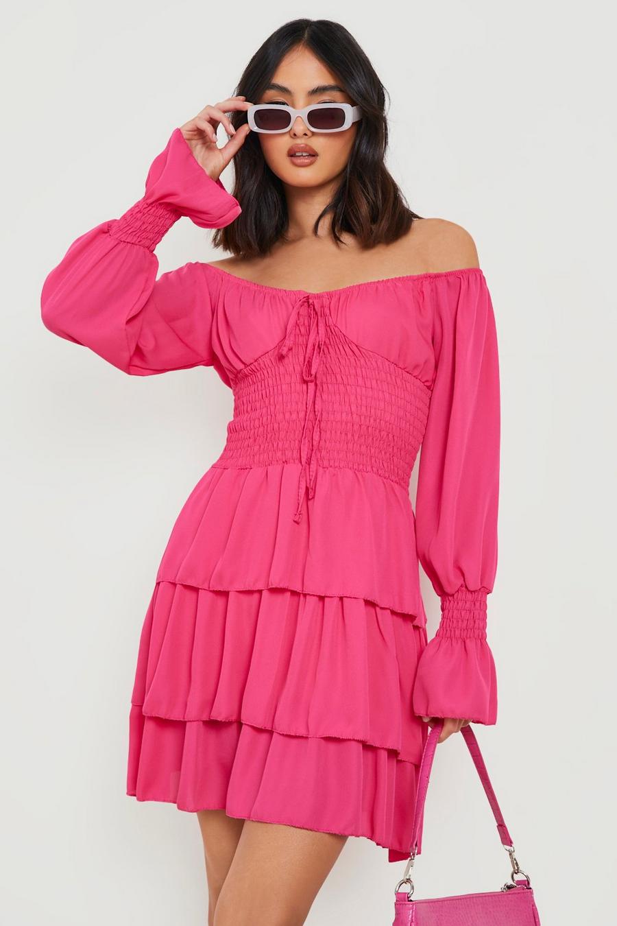 Hot pink rose Chiffon Shirred Bardot Mini Dress