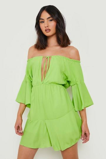 Chiffon Off The Shoulder Flare Romper chartreuse