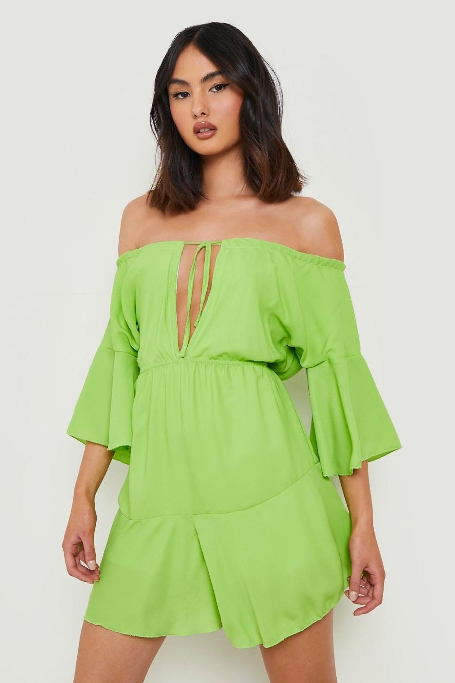 Chartreuse Chiffon Off The Shoulder Flare Romper image number 1