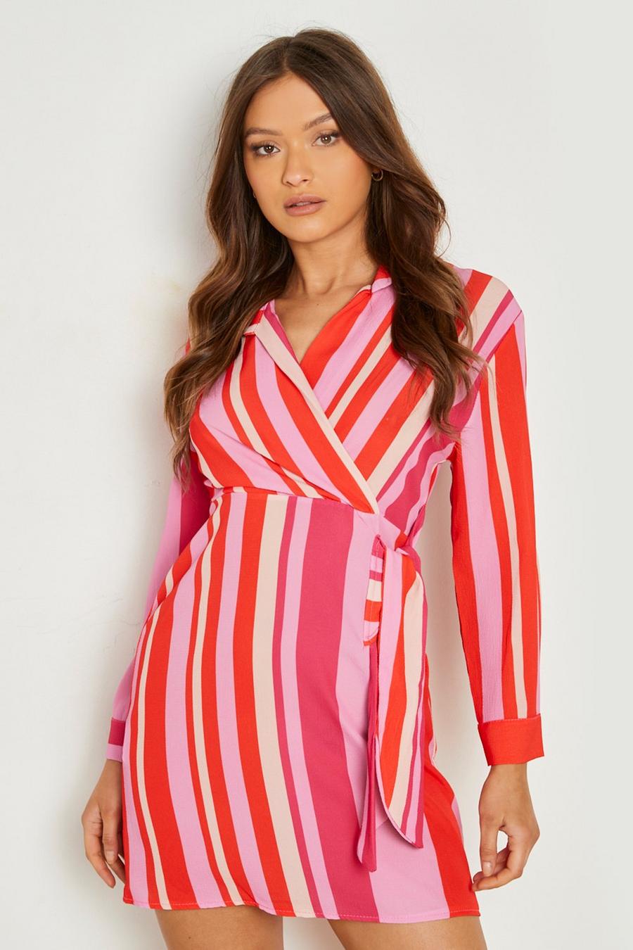 Pink Multi Stripe Wrap Shirt Dress image number 1