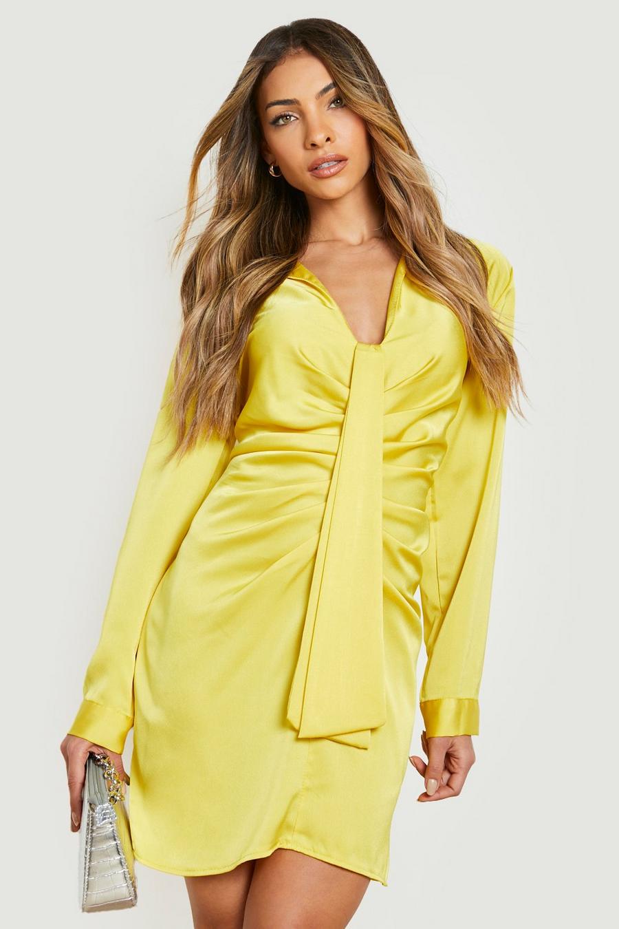 Yellow Satin Draped Shirt Dress