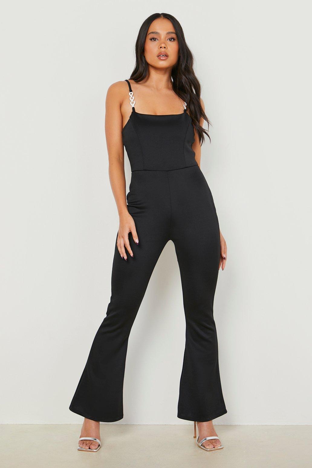 VELVET JUMPSUIT WITH RHINESTONE STRAPS - Black