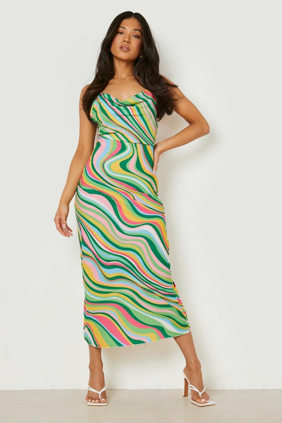 Green Petite Abstract Print Cowl Midi Dress image number 1
