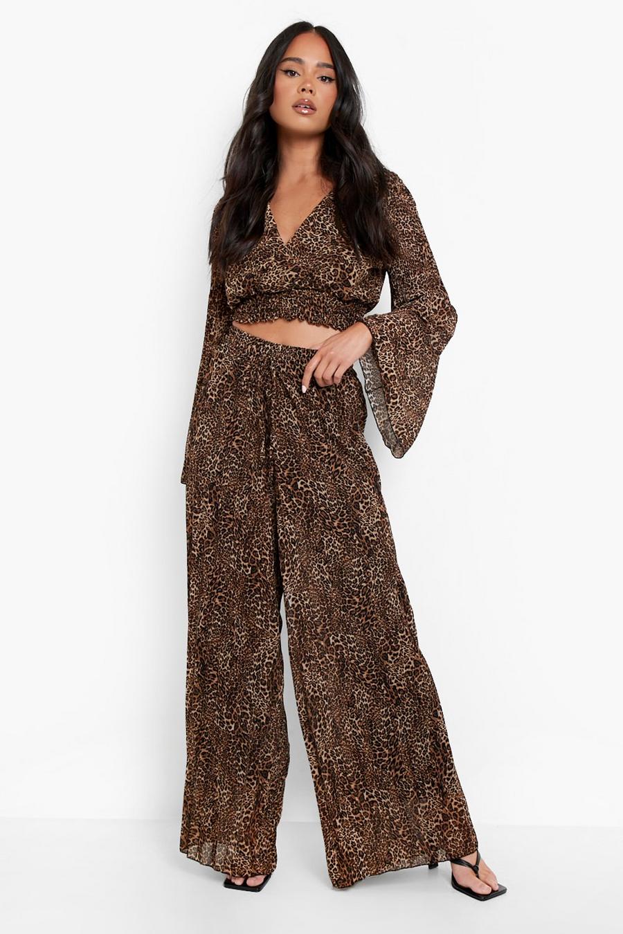 Natural Petite Pleated Leopard Wide Leg Pants image number 1