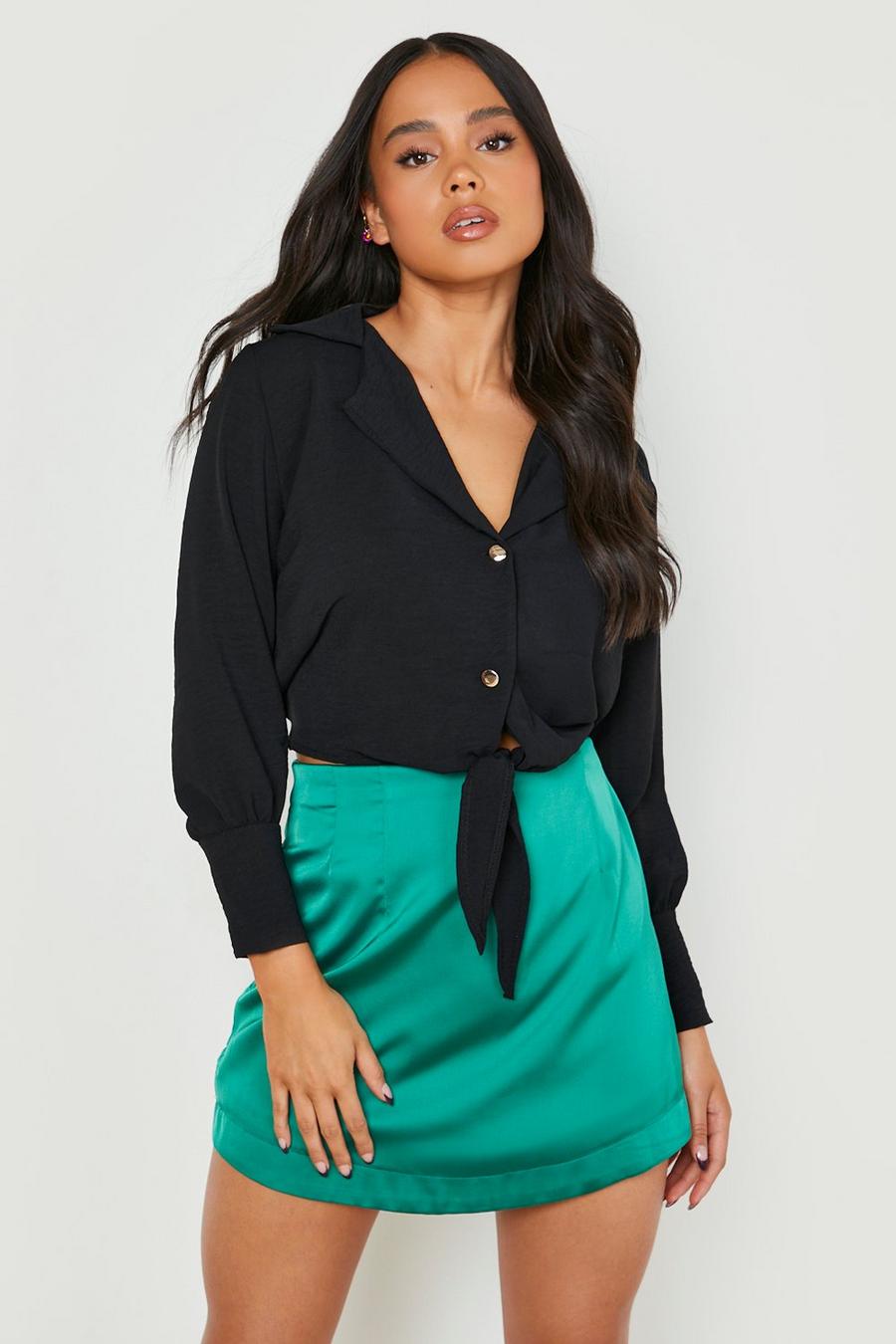 Black Petite Deep Cuff Tie Front Shirt  image number 1