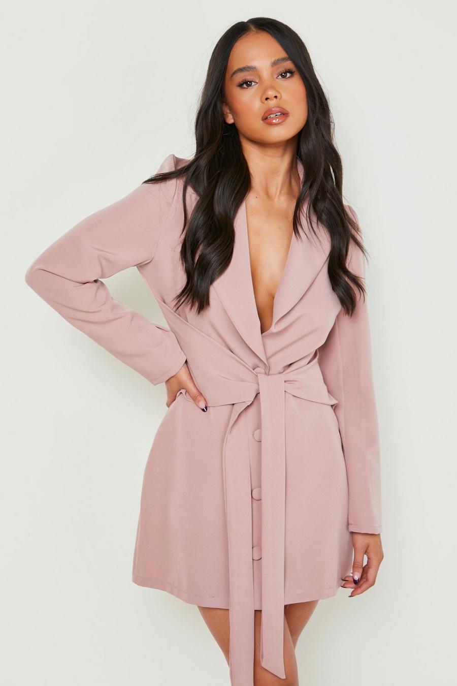 Dusty rose pink Petite Bow Belted Blazer Dress image number 1